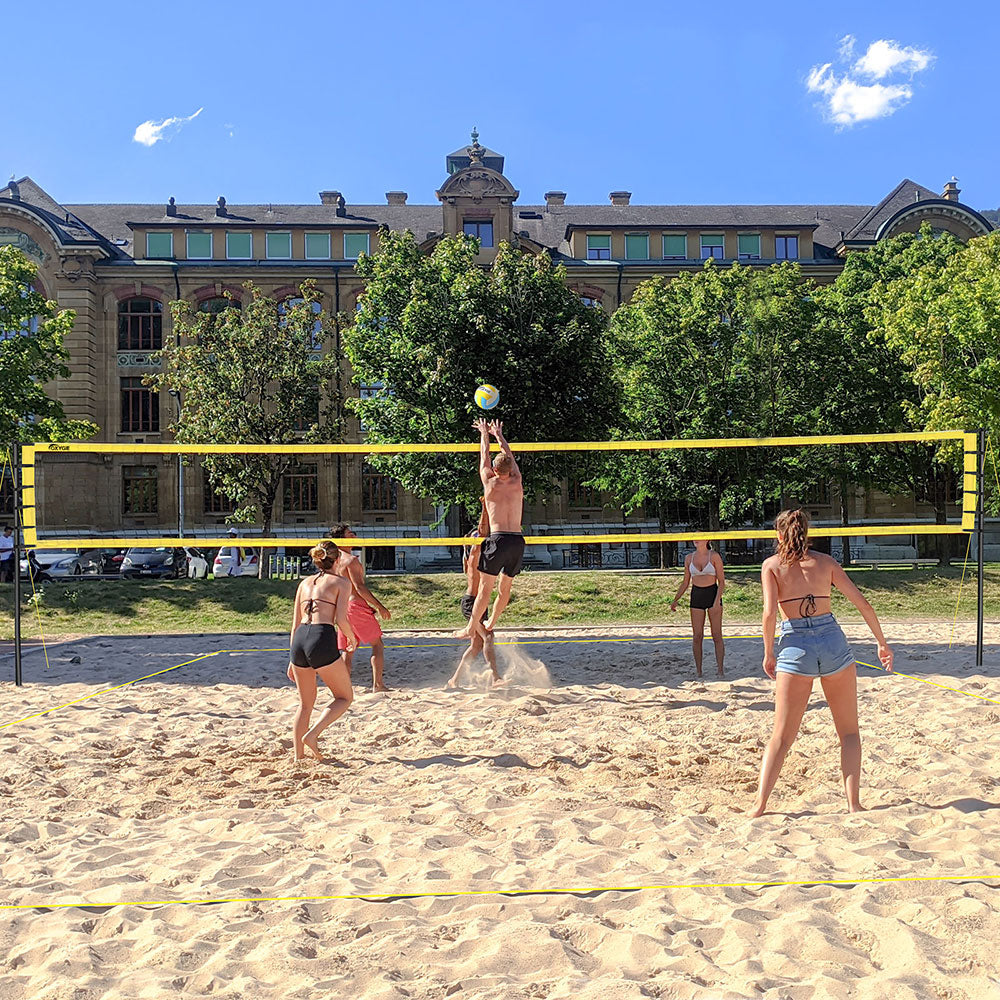 OXYGIE Upgraded Volleyball Net Set - Quick & Easy Setup Adjustable Height Steel Poles, PU Volleyball with Pump and Carrying Bag Yellow