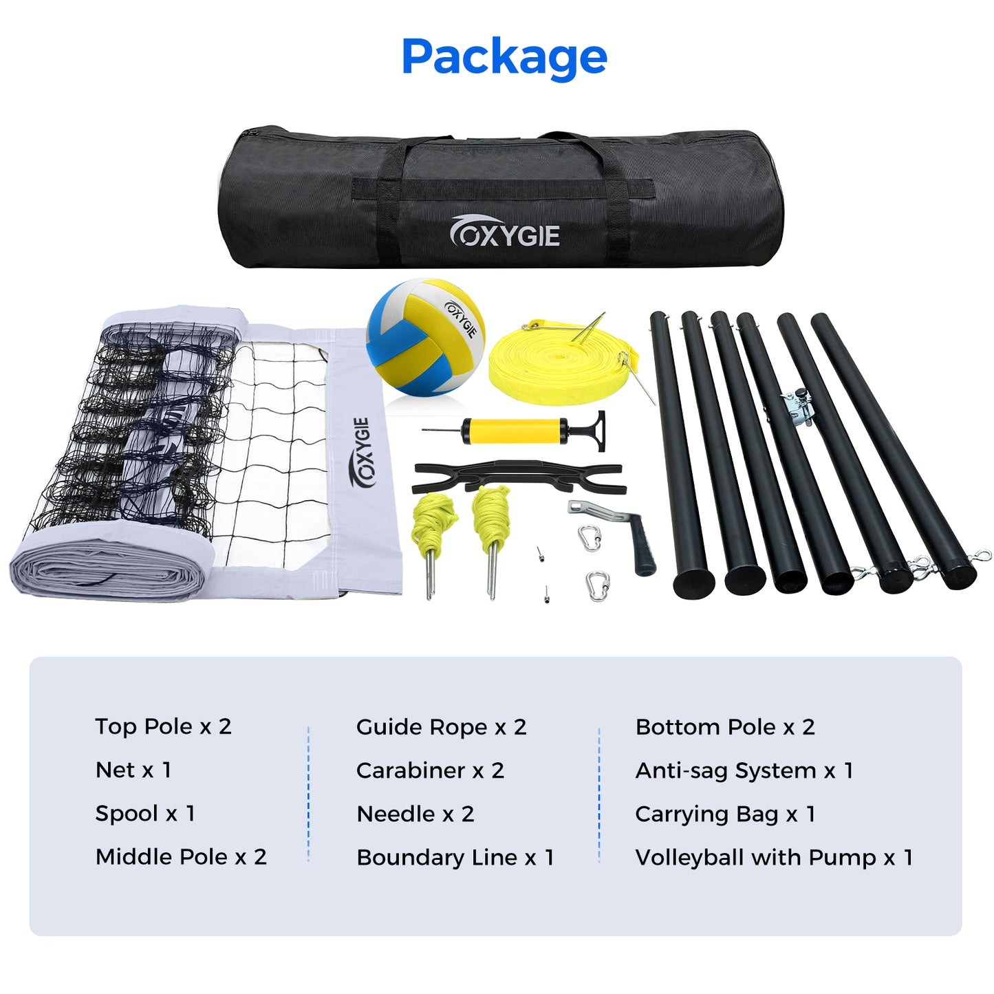 OXYGIE 32 x 3 ft Volleyball Net Set for Backyard, Aluminum Adjustable Pole, Volleyball, Pump, Carrying Bag