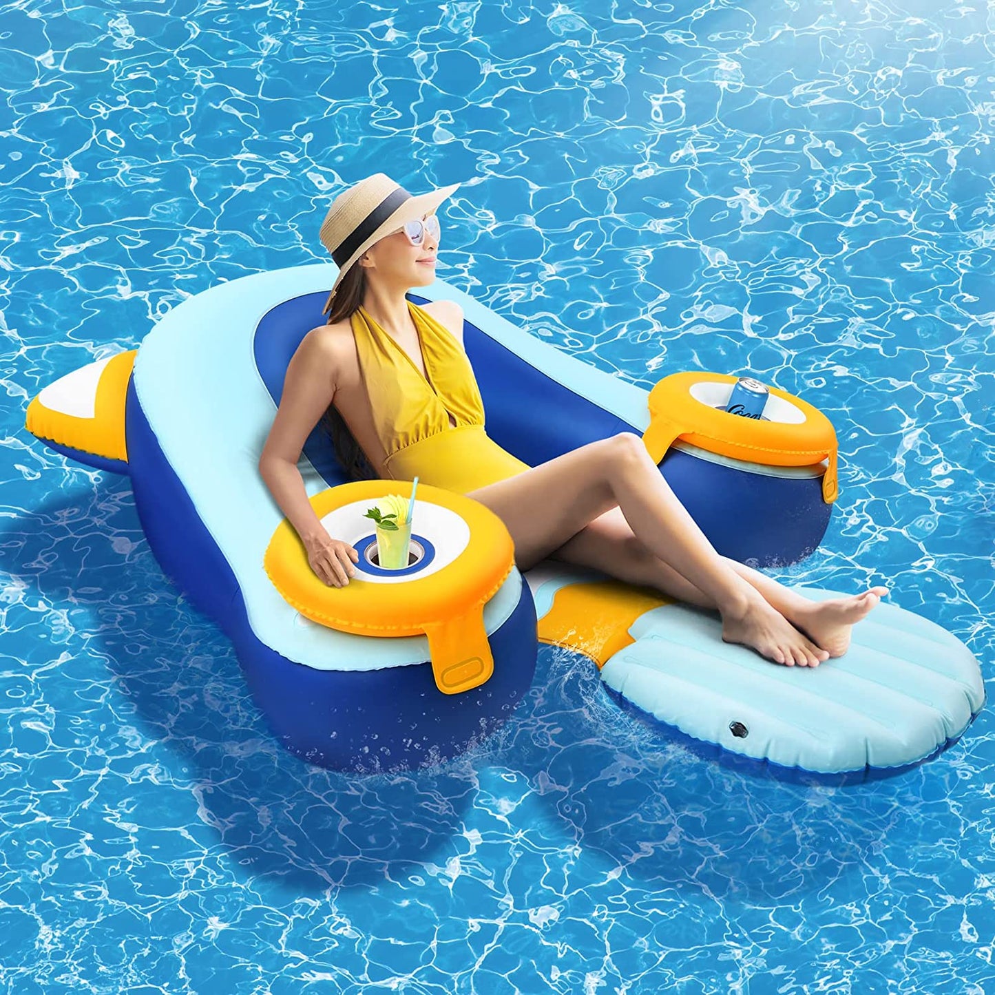 OXYGIE 63.8 x47.2 x 24.8 in Pool Float Inflatable Lounge with Drink Holder for Ground Swimming Pool, Blue