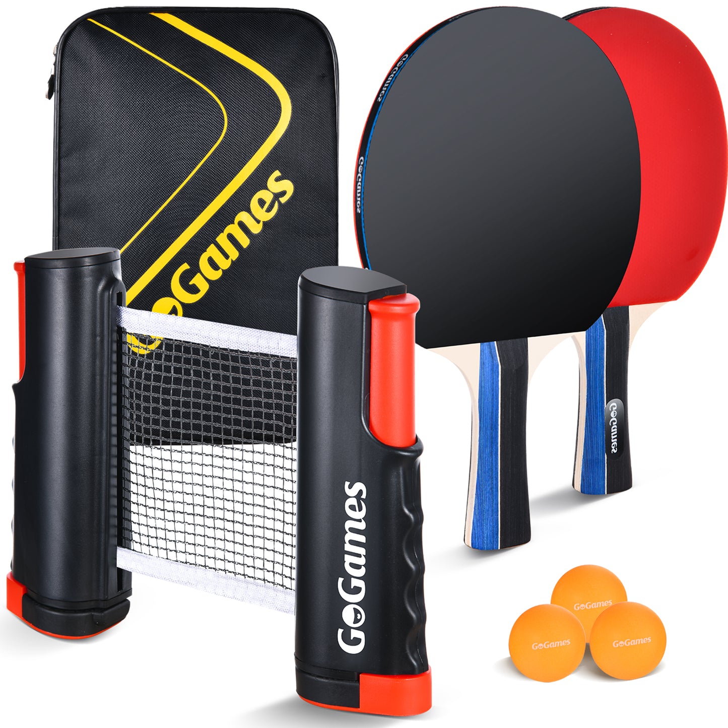 Ping Pong Paddle Set with Retractable Net, 2 Paddles, 3 Ping Pong Balls, Carrying Bag
