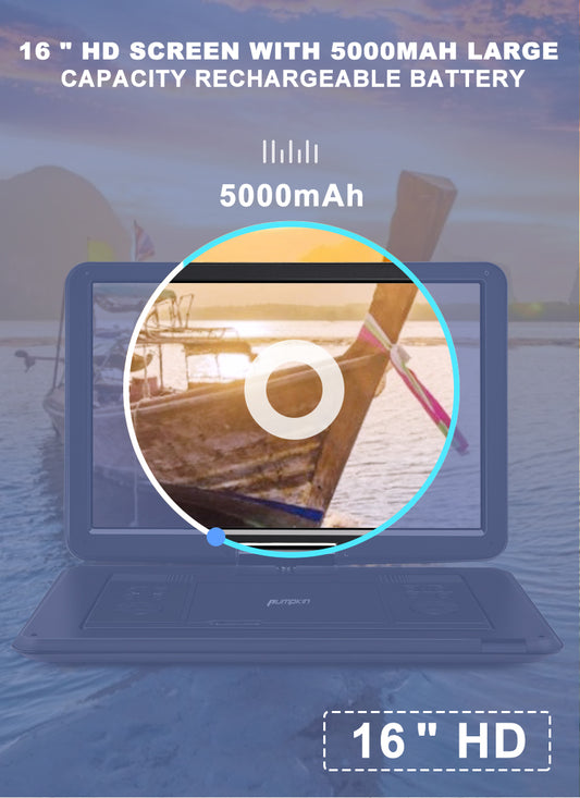 16 Inch Portable DVD Player with Free Bag, HDMI Input, 1080HD Sync Screen AV in & Out, 5000mAh Rechargeable Battery, Region Free, Last Memory Function
