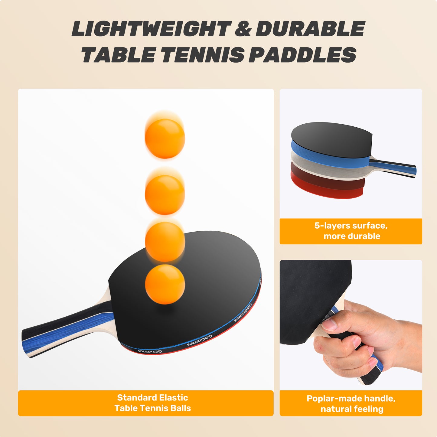 Ping Pong Paddle Set with Retractable Net, 2 Paddles, 3 Ping Pong Balls, Carrying Bag