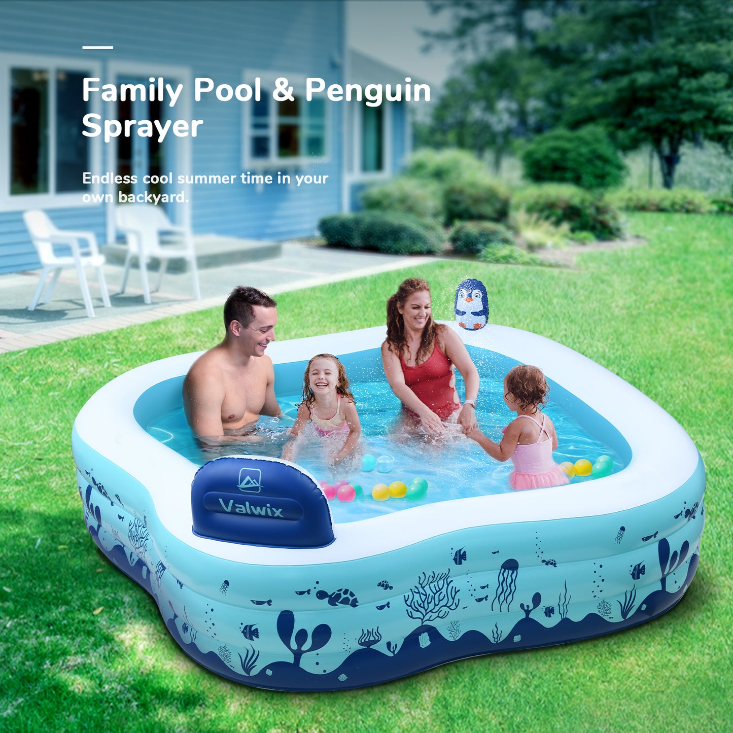 97" x 90" x 30" Inflatable Pool, Family Full-Size Blow up Pools with Backrest and Seat, Lounge Pool for Kiddie, Adult, Infant, Toddlers, Indoor, Outdoor, Garden, Backyard, Water Party