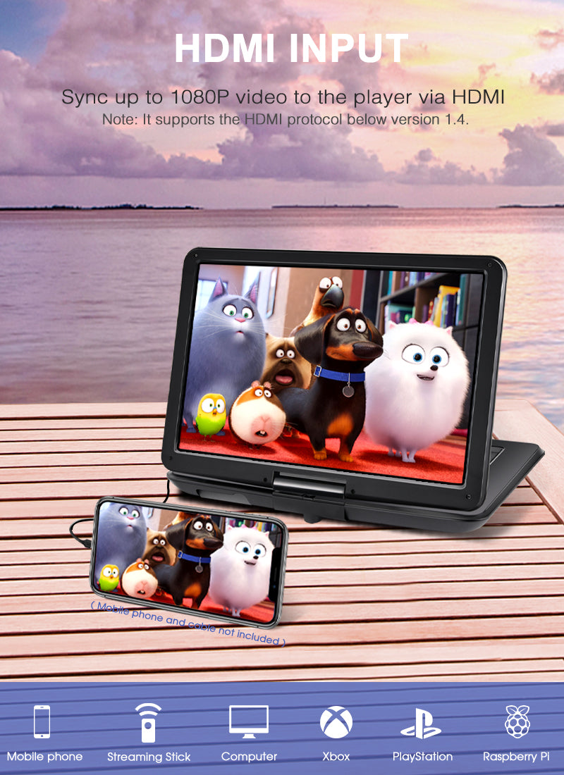 16 Inch Portable DVD Player with Free Bag, HDMI Input, 1080HD Sync Screen AV in & Out, 5000mAh Rechargeable Battery, Region Free, Last Memory Function
