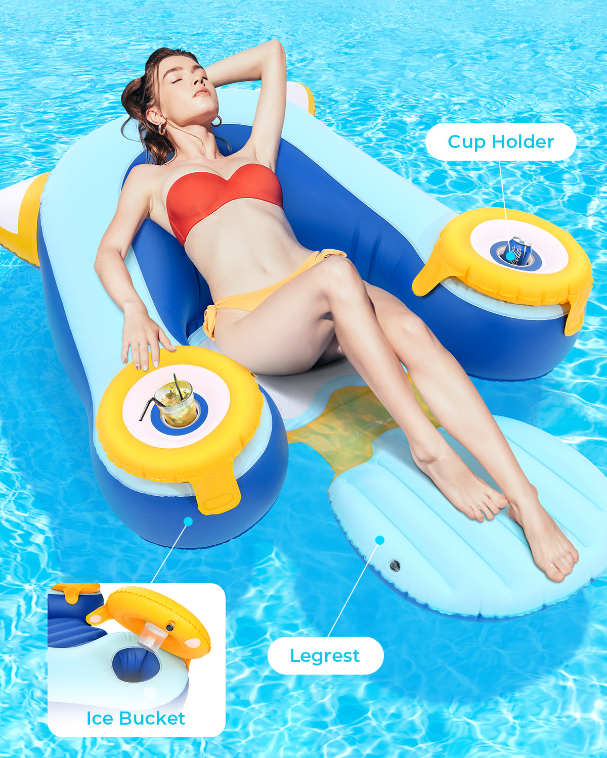 OXYGIE 63.8 x47.2 x 24.8 in Pool Float Inflatable Lounge with Drink Holder for Ground Swimming Pool, Blue