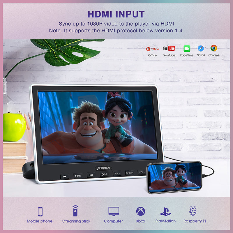 10.1" Car Headrest DVD Player with HDMI Input and Remote Control, Headrest Mount Holder, Region Free, Last Memory Function