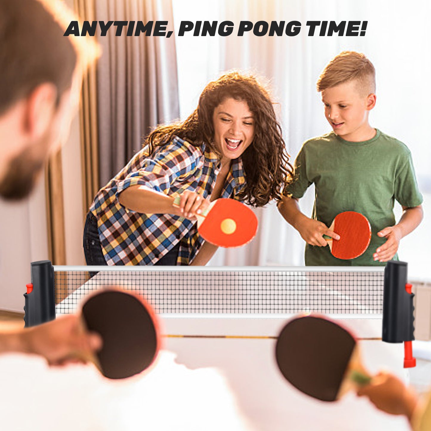 Ping Pong Paddle Set with Retractable Net, 2 Paddles, 3 Ping Pong Balls, Carrying Bag