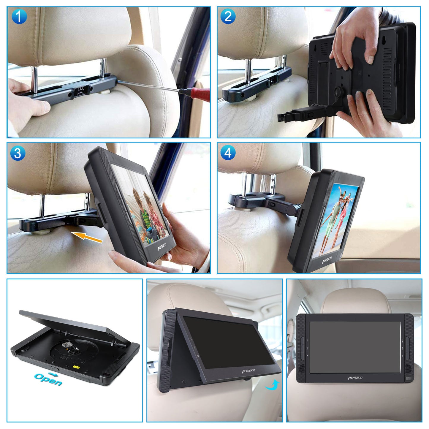 10.1" Dual Screen Headrest DVD Player for Car with 2 Headphones and Brackets, Remote Control, Supports HDMI, USB Port, SD Card Slot, 5 Hours Using