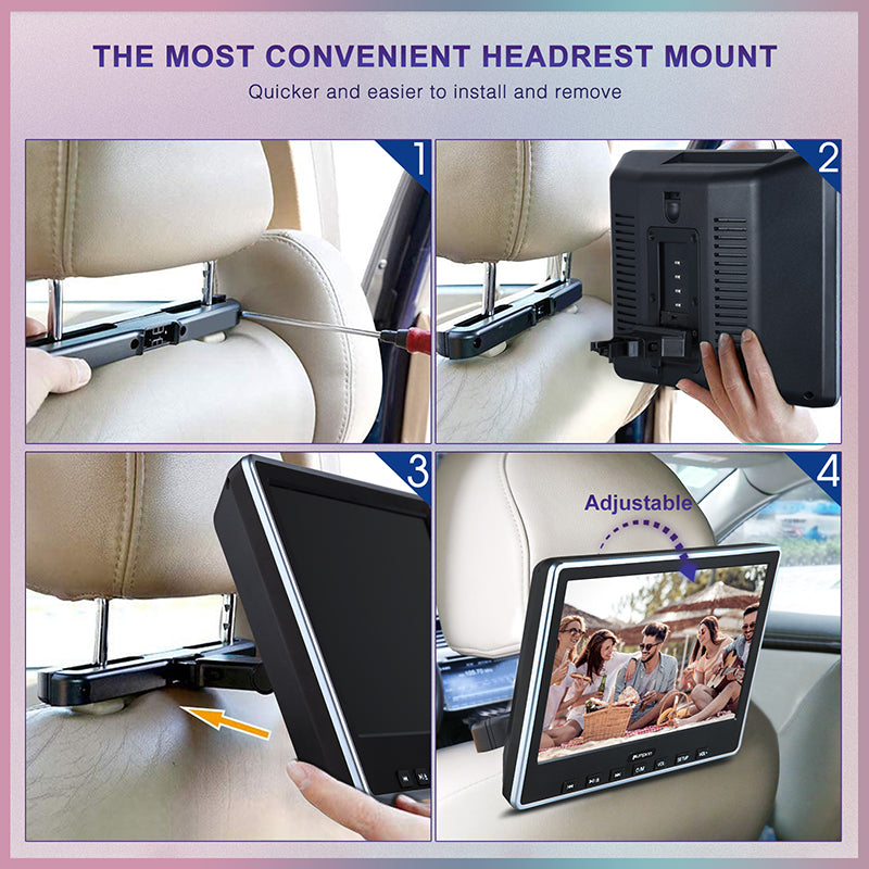 10.1" Car Headrest DVD Player with HDMI Input and Remote Control, Headrest Mount Holder, Region Free, Last Memory Function