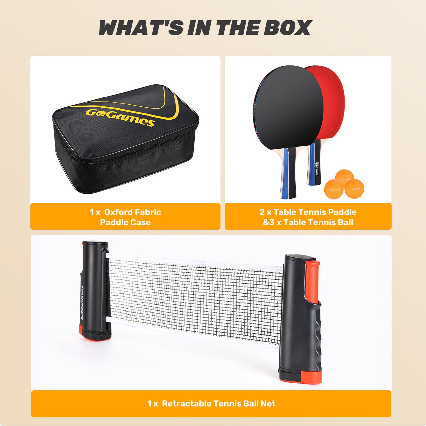 Ping Pong Paddle Set with Retractable Net, 2 Paddles, 3 Ping Pong Balls, Carrying Bag