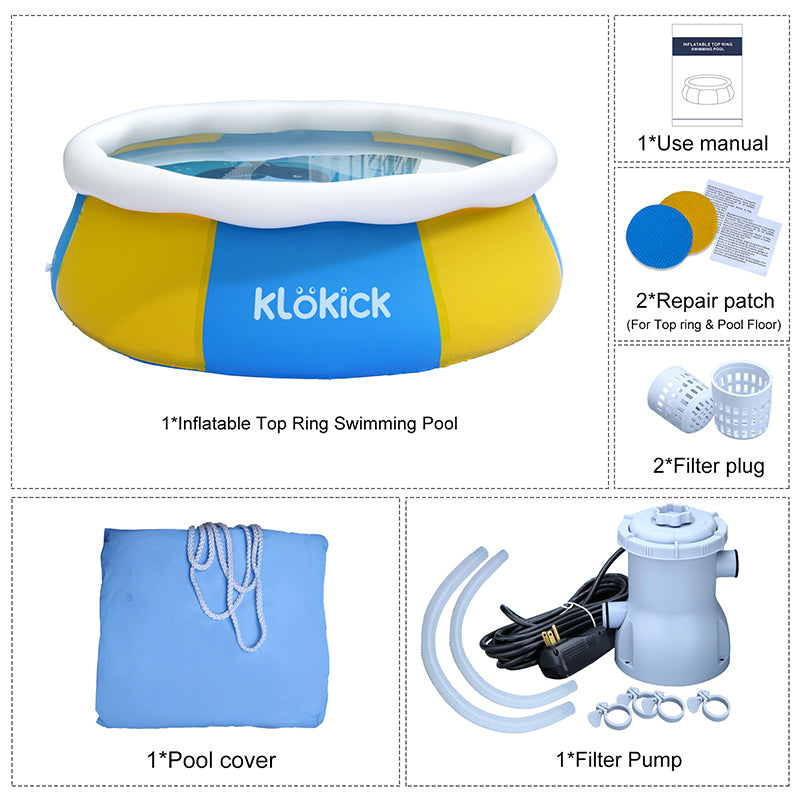 Inflatable Above Ground Pool with Filter Pump, KLOKICK 8ft Family Swimming Pool for Backyard, Top Ring Swimming Pool for Adults & Kids (30in Height)