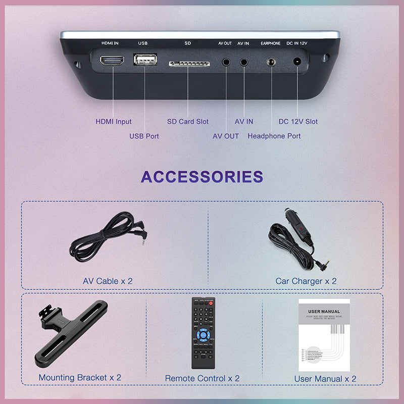 10.1" Car Headrest DVD Player with HDMI Input and Remote Control, Headrest Mount Holder, Region Free, Last Memory Function