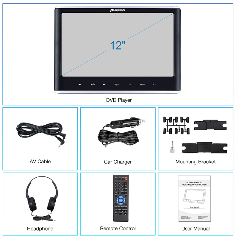 12" Car DVD Player with HDMI Input Headphone and Mounting Bracket 10.1 inch HD Screen Support Sync Playing Last Memory Region Free