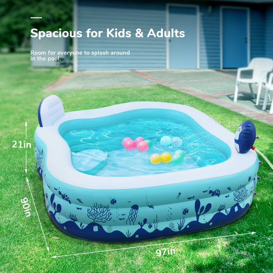 97" x 90" x 30" Inflatable Pool, Family Full-Size Blow up Pools with Backrest and Seat, Lounge Pool for Kiddie, Adult, Infant, Toddlers, Indoor, Outdoor, Garden, Backyard, Water Party