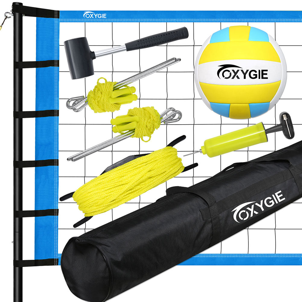 OXYGIE Upgraded Volleyball Net Set - Quick & Easy Setup Adjustable Height Steel Poles, PU Volleyball with Pump and Carrying Bag Blue