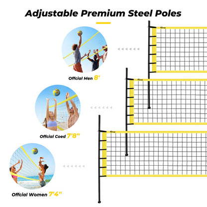 OXYGIE Upgraded Volleyball Net Set - Quick & Easy Setup Adjustable Height Steel Poles, PU Volleyball with Pump and Carrying Bag Yellow