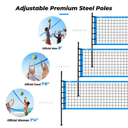 OXYGIE Upgraded Volleyball Net Set - Quick & Easy Setup Adjustable Height Steel Poles, PU Volleyball with Pump and Carrying Bag Blue