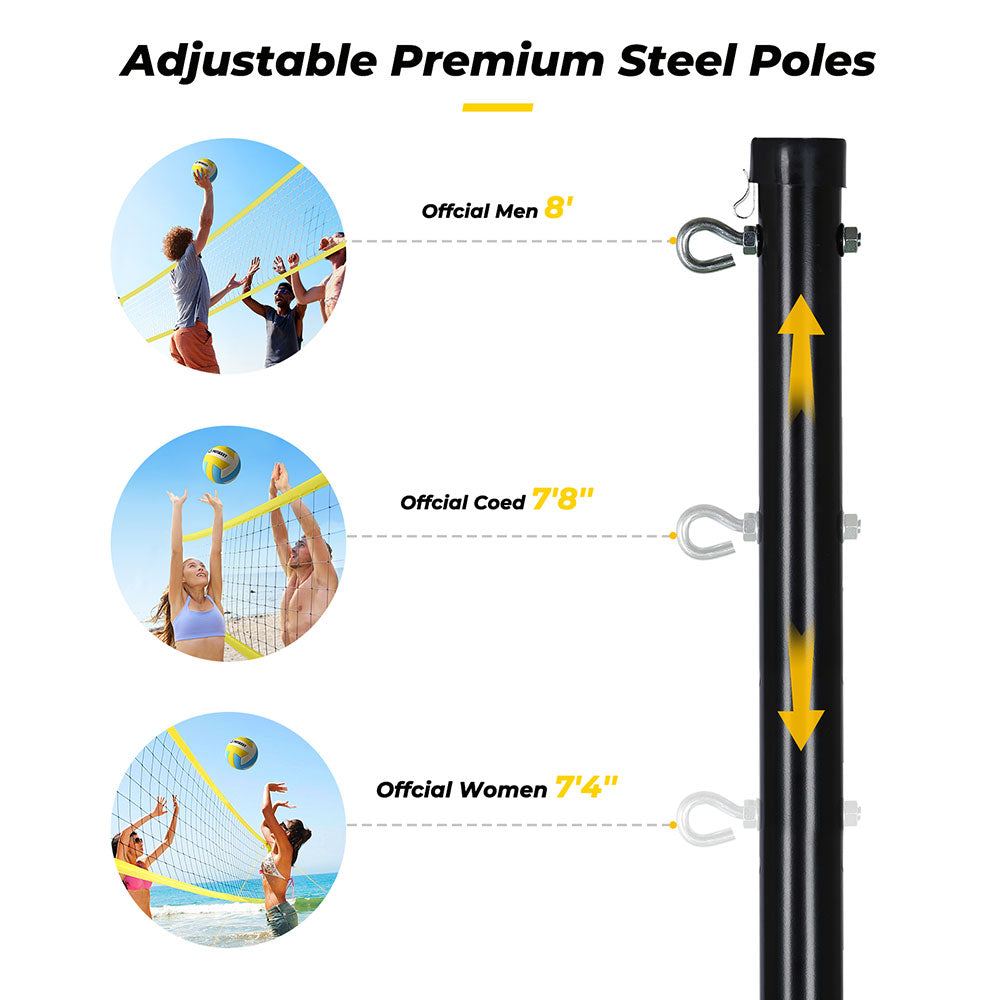 OXYGIE Upgraded Volleyball Net Set - Quick & Easy Setup Adjustable Height Steel Poles, PU Volleyball with Pump and Carrying Bag Yellow