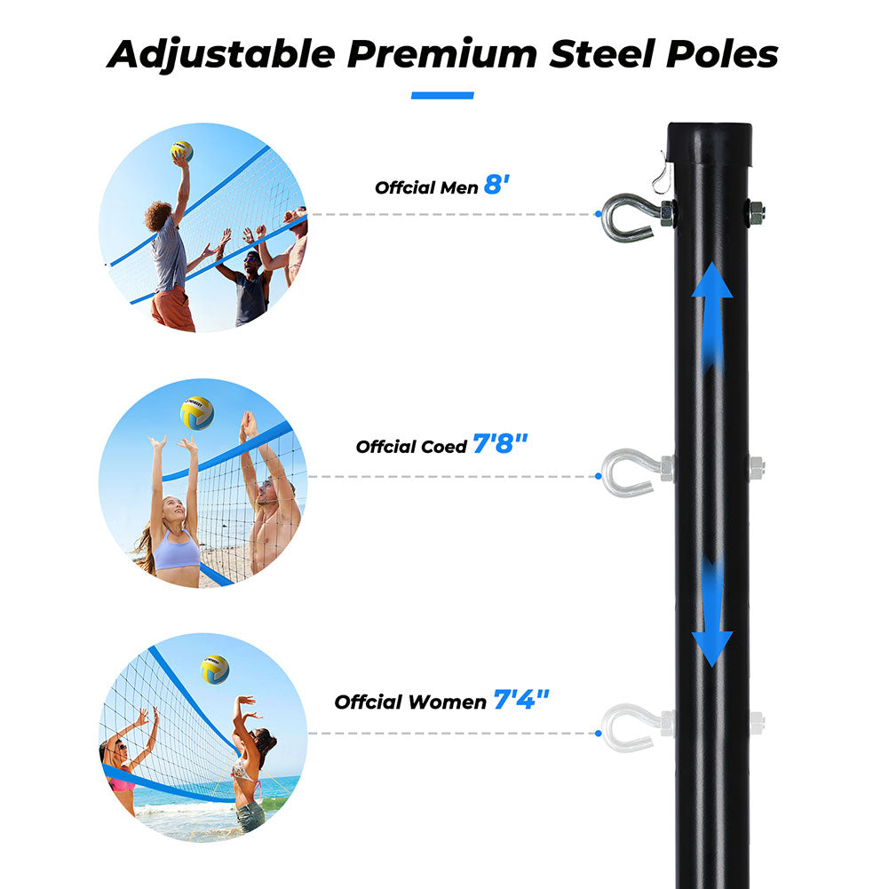 OXYGIE Upgraded Volleyball Net Set - Quick & Easy Setup Adjustable Height Steel Poles, PU Volleyball with Pump and Carrying Bag Blue