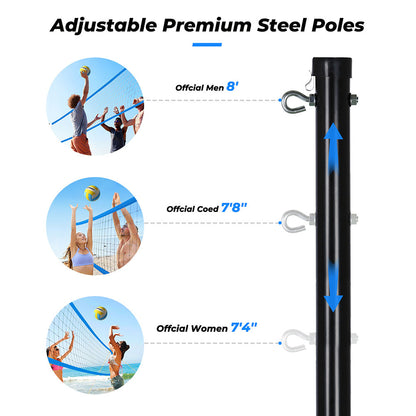 OXYGIE Upgraded Volleyball Net Set - Quick & Easy Setup Adjustable Height Steel Poles, PU Volleyball with Pump and Carrying Bag Blue