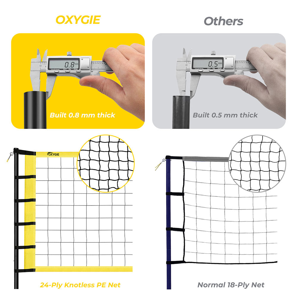 OXYGIE Upgraded Volleyball Net Set - Quick & Easy Setup Adjustable Height Steel Poles, PU Volleyball with Pump and Carrying Bag Yellow
