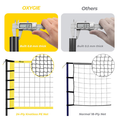 OXYGIE Upgraded Volleyball Net Set - Quick & Easy Setup Adjustable Height Steel Poles, PU Volleyball with Pump and Carrying Bag Yellow