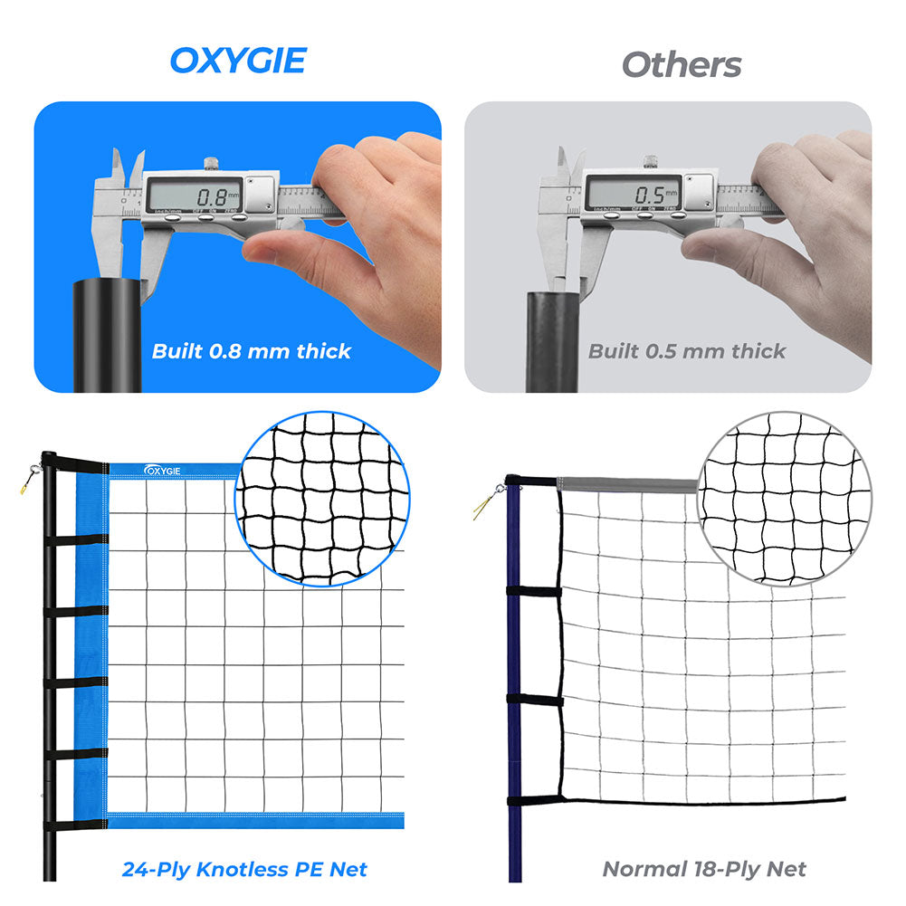 OXYGIE Upgraded Volleyball Net Set - Quick & Easy Setup Adjustable Height Steel Poles, PU Volleyball with Pump and Carrying Bag Blue