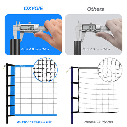 OXYGIE Upgraded Volleyball Net Set - Quick & Easy Setup Adjustable Height Steel Poles, PU Volleyball with Pump and Carrying Bag Blue