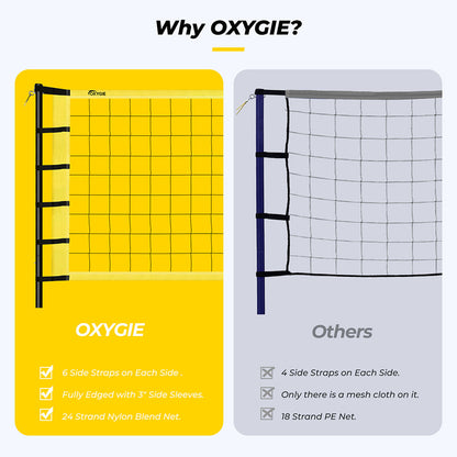 OXYGIE Upgraded Volleyball Net Set - Quick & Easy Setup Adjustable Height Steel Poles, PU Volleyball with Pump and Carrying Bag Yellow