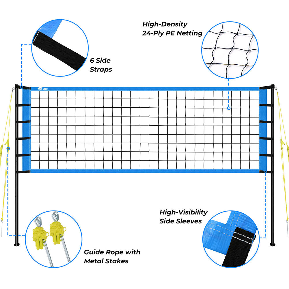 OXYGIE Upgraded Volleyball Net Set - Quick & Easy Setup Adjustable Height Steel Poles, PU Volleyball with Pump and Carrying Bag Blue