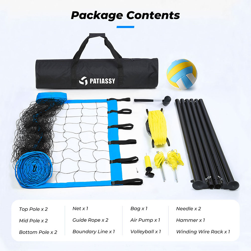 OXYGIE Upgraded Volleyball Net Set - Quick & Easy Setup Adjustable Height Steel Poles, PU Volleyball with Pump and Carrying Bag Blue
