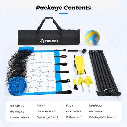 OXYGIE Upgraded Volleyball Net Set - Quick & Easy Setup Adjustable Height Steel Poles, PU Volleyball with Pump and Carrying Bag Blue