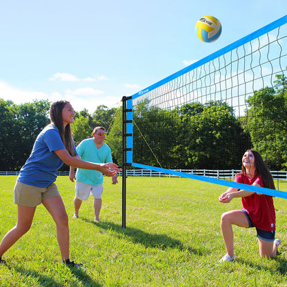 OXYGIE Upgraded Volleyball Net Set - Quick & Easy Setup Adjustable Height Steel Poles, PU Volleyball with Pump and Carrying Bag Blue