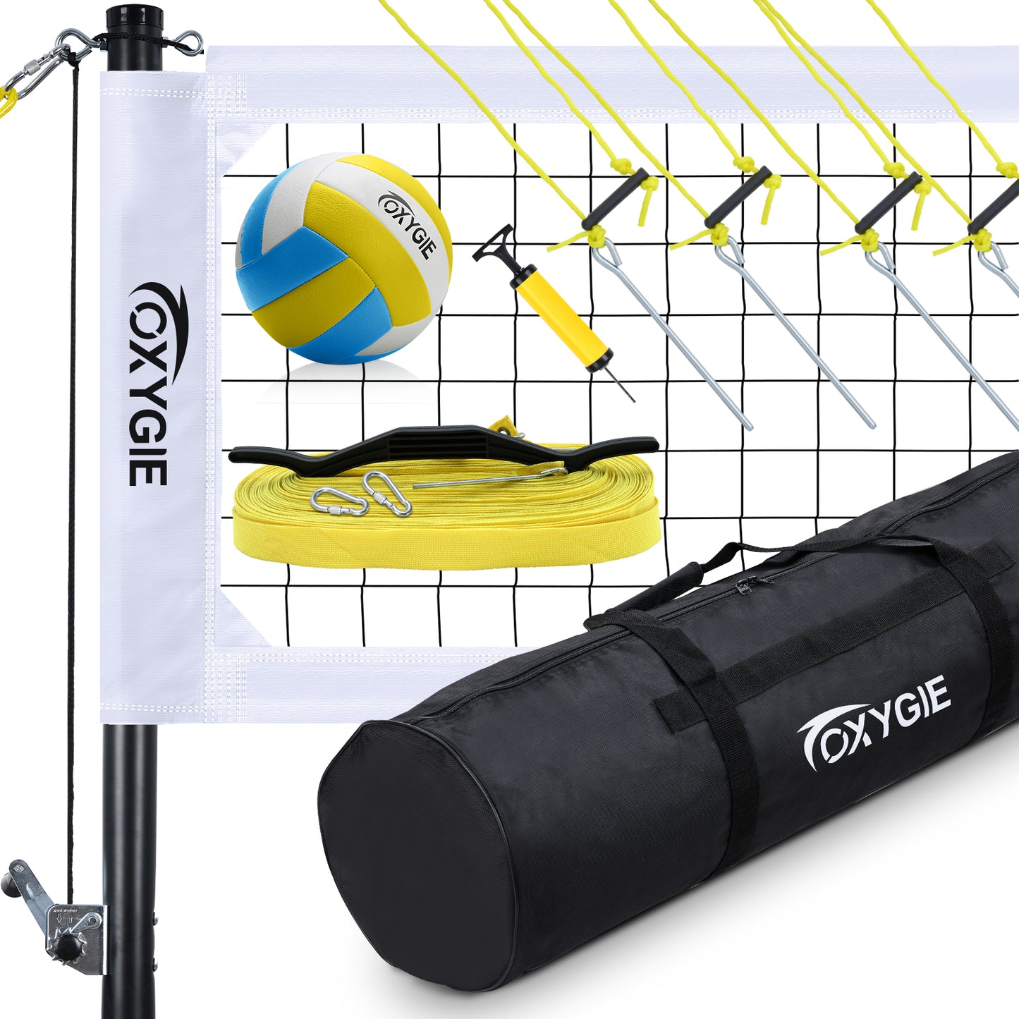 OXYGIE 32 x 3 ft Volleyball Net Set for Backyard, Aluminum Adjustable Pole, Volleyball, Pump, Carrying Bag