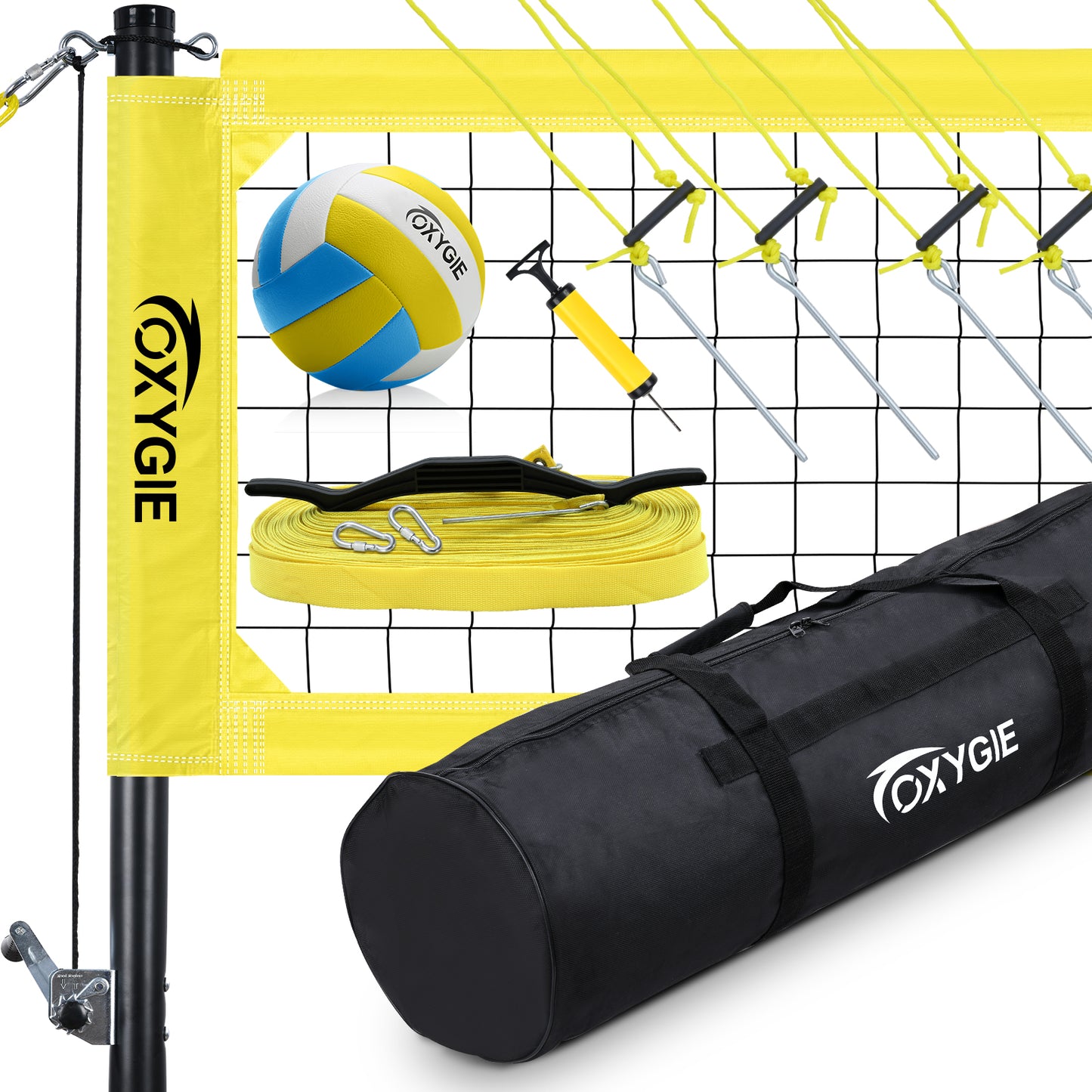 OXYGIE 32 x 3 ft Volleyball Net Set for Backyard, Aluminum Adjustable Pole, Volleyball, Pump