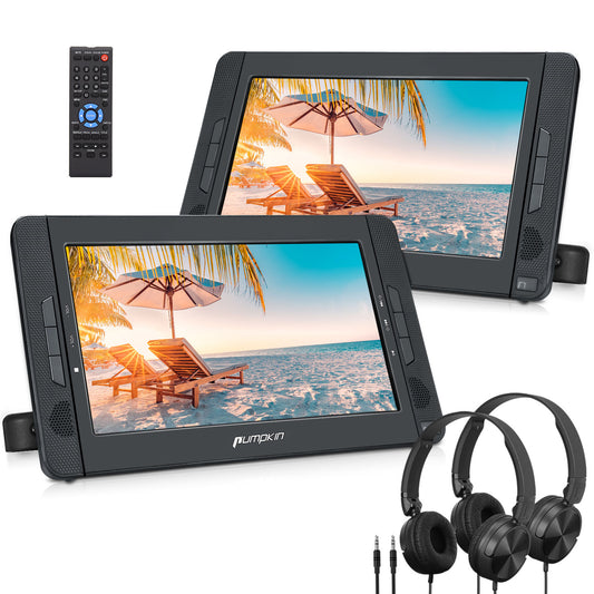 10.1" Dual Screen Headrest DVD Player for Car with 2 Headphones and Brackets, Remote Control, Supports HDMI, USB Port, SD Card Slot, 5 Hours Using