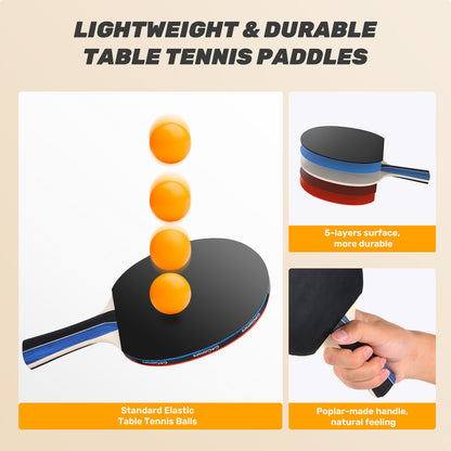 Ping Pong Paddle Set with Retractable Net, 2 Paddles, 3 Ping Pong Balls, Carrying Bag