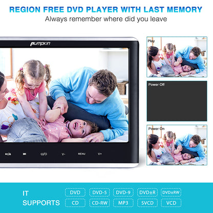 12" Car DVD Player with HDMI Input Headphone and Mounting Bracket 10.1 inch HD Screen Support Sync Playing Last Memory Region Free