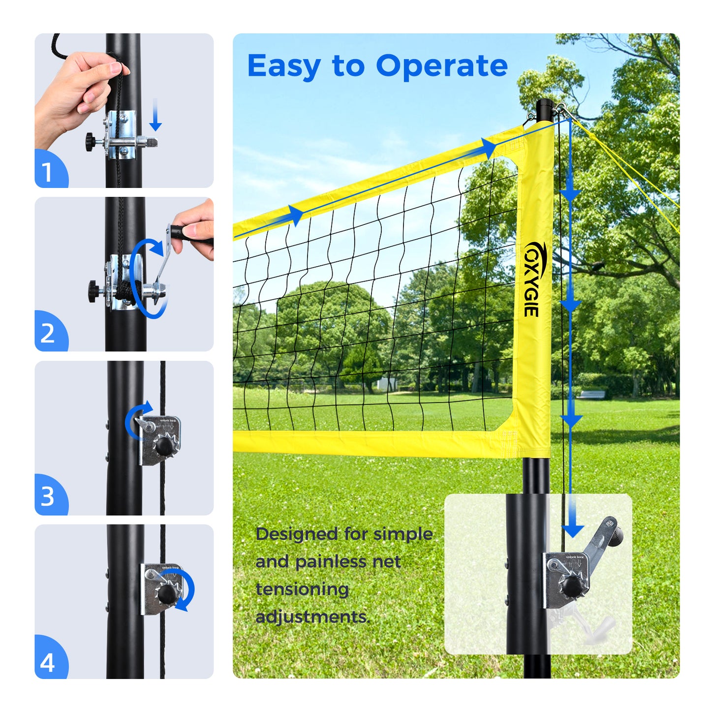 OXYGIE 32 x 3 ft Volleyball Net Set for Backyard, Aluminum Adjustable Pole, Volleyball, Pump