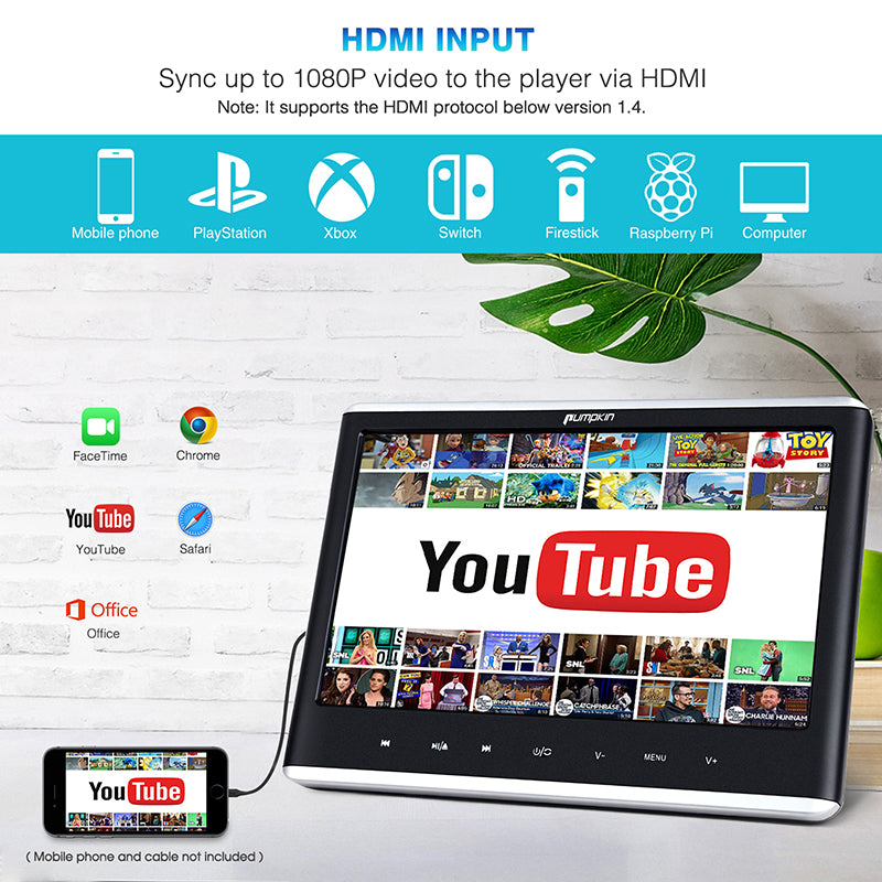 12" Car DVD Player with HDMI Input Headphone and Mounting Bracket 10.1 inch HD Screen Support Sync Playing Last Memory Region Free
