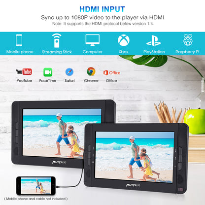 10.1" Dual Screen Headrest DVD Player for Car with 2 Headphones and Brackets, Remote Control, Supports HDMI, USB Port, SD Card Slot, 5 Hours Using