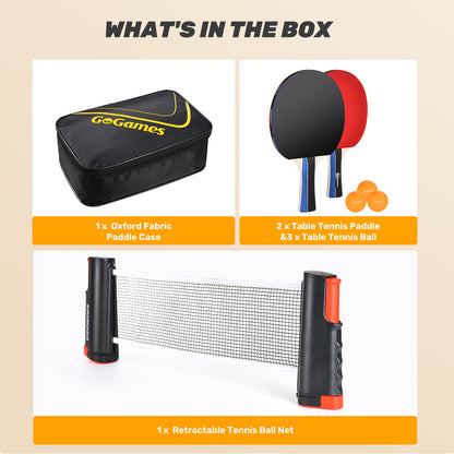 Ping Pong Paddle Set with Retractable Net, 2 Paddles, 3 Ping Pong Balls, Carrying Bag