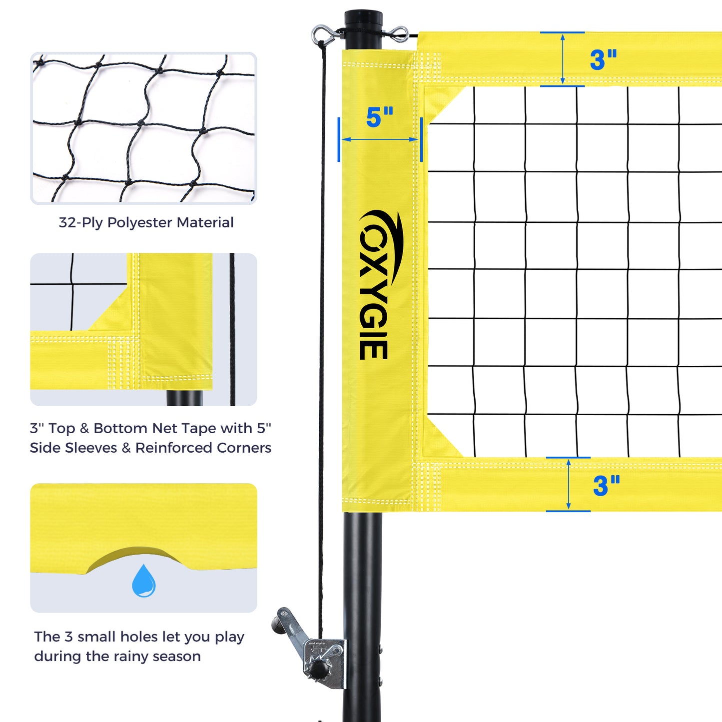OXYGIE 32 x 3 ft Volleyball Net Set for Backyard, Aluminum Adjustable Pole, Volleyball, Pump