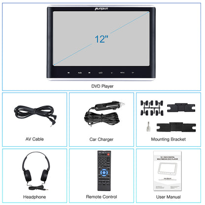 12" Car DVD Player with HDMI Input Headphone and Mounting Bracket 10.1 inch HD Screen Support Sync Playing Last Memory Region Free