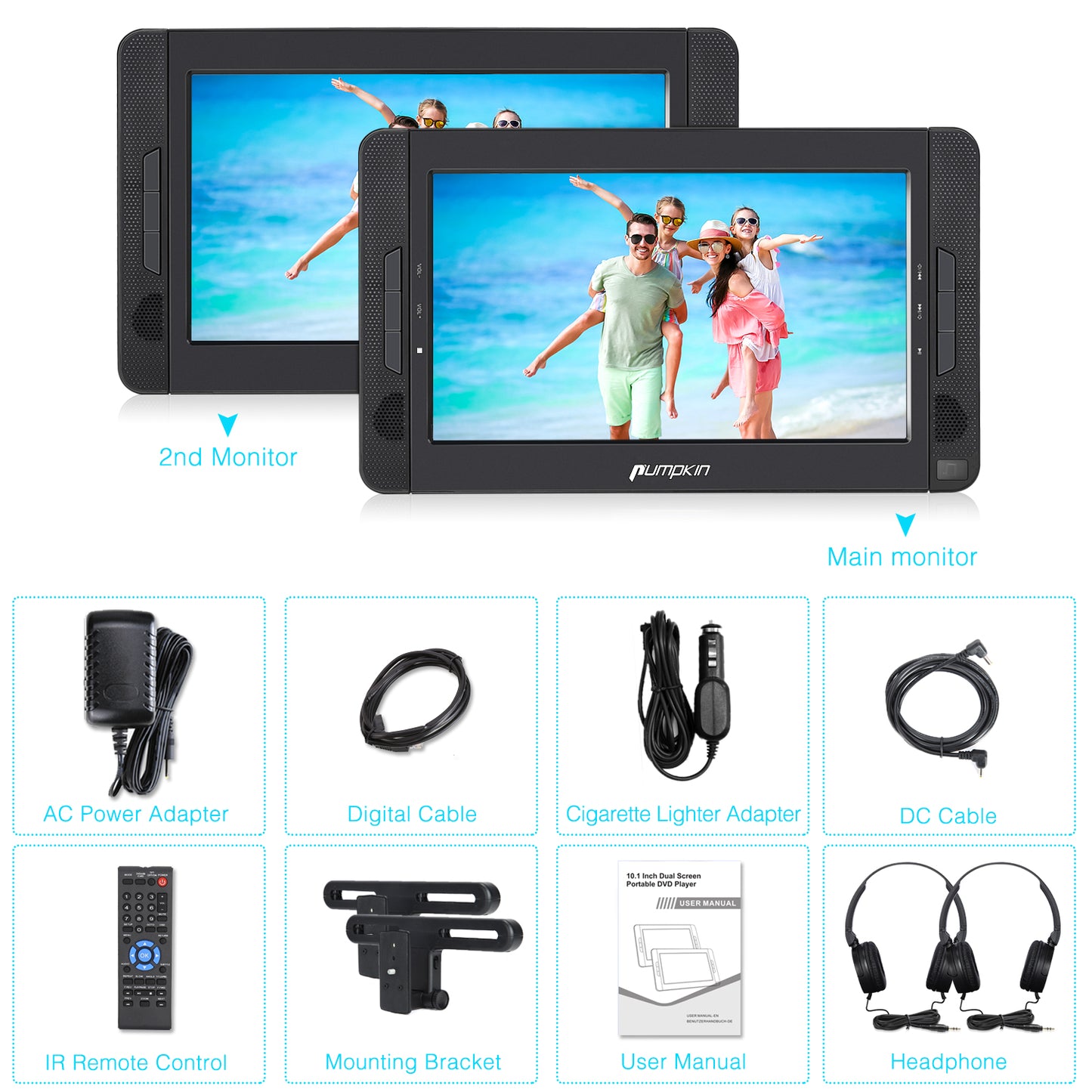 10.1" Dual Screen Headrest DVD Player for Car with 2 Headphones and Brackets, Remote Control, Supports HDMI, USB Port, SD Card Slot, 5 Hours Using